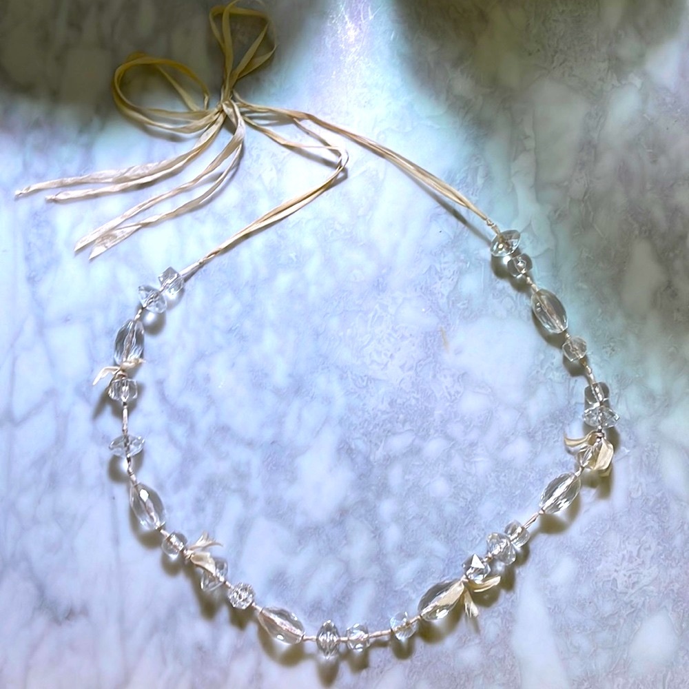 J. Crew necklace with glass beads, light pink/peach ribbon tie and small bows